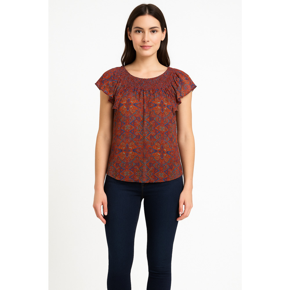 Anthropologie Meadow Rue Majolica Blouse 12 Smocked Flutter Sleeve Boho